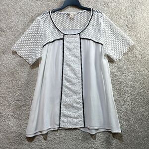 Sundance White and Black Lace Short Sleeve Top Floral Size Large